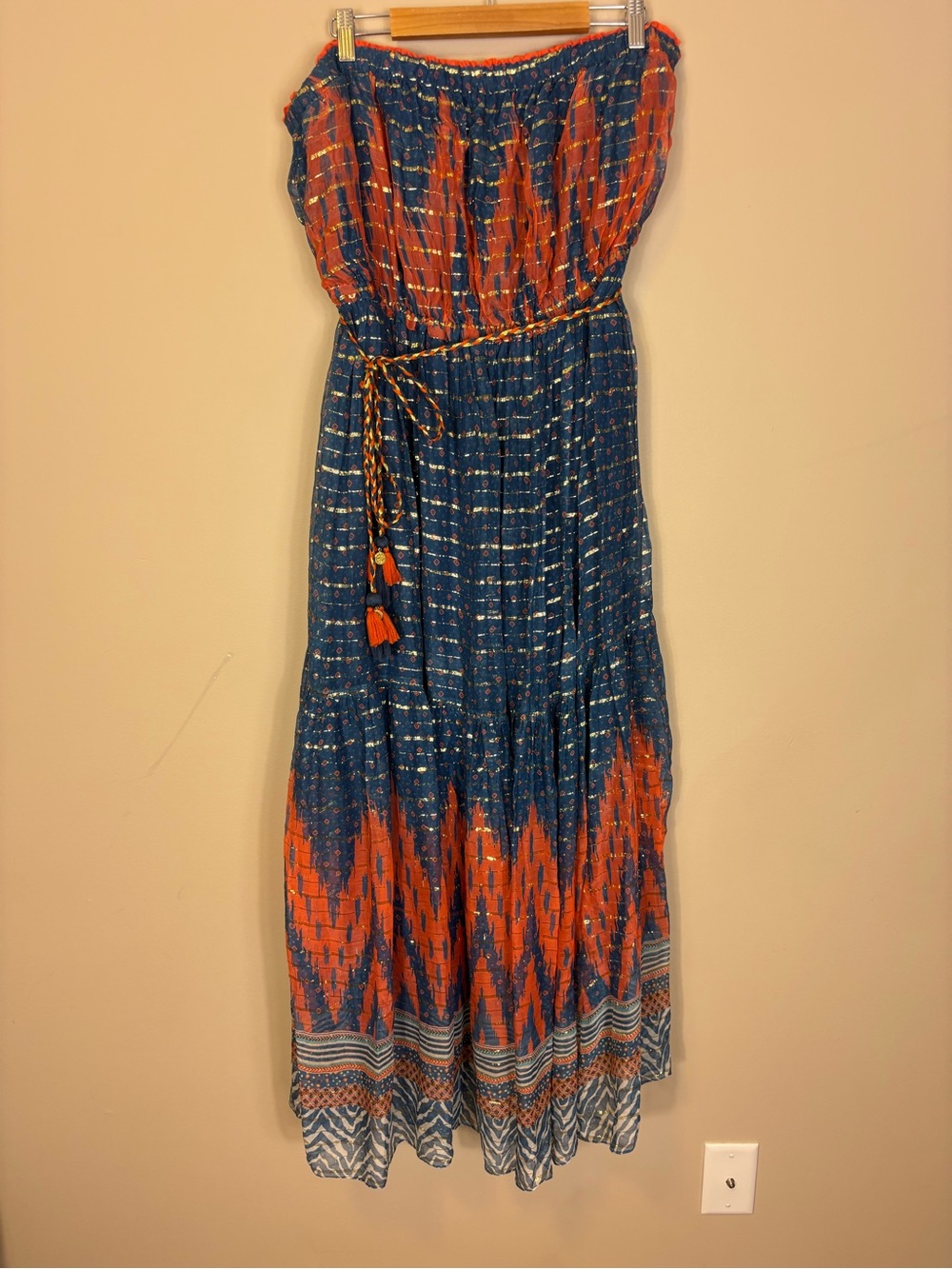 Verb Strapless Navy & Orange Boho Strapless Maxi Dress with Braided Tie Belt 22W